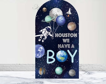 Outer Space Baby Shower Arch Backdrop Astronaut Planet Galaxy Backdrop Houston We have A Boy Polyester Double-Sided Arch Cover Decor Prop