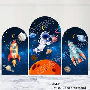Astronaut Arch Cover Galaxy Planet Rocket Backdrop Custom Polyester Double-Sided Outer Space Birthday Arch Backdrop Baby Shower Photo Prop