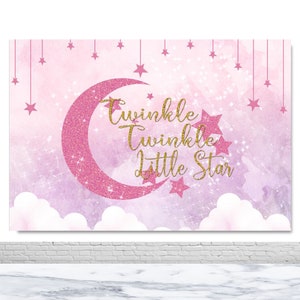 Twinkle Little Star Babyshower Fotografieachtergrond Roze Hemel Maan en Sterren Foto Achtergrond Vinyl Polyester Decor Banner Photo Booth Prop