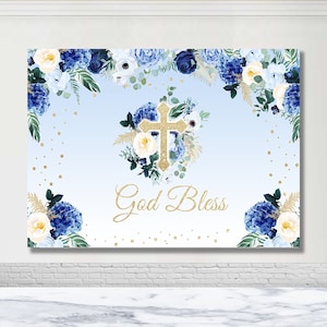 Dio benedica Prima Comunione Battesimo Sfondo festa Baby Shower Sfondo fotografico Banner personalizzato con decorazioni floreali a forma di croce dorata con fiori blu