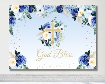 Dio benedica la Prima Comunione, il Battesimo, lo Sfondo per la Festa del Baby Shower, lo Sfondo Fotografico Personalizzato con Fiori Blu, la Croce Dorata e il Banner Decorativo