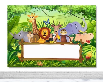ジャングルサファリ誕生日写真背景パーソナライズされた言葉カスタムフォトコールポスター動物の森の写真の背景