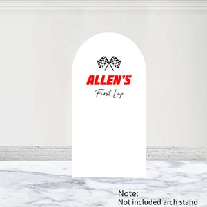 May include: White arch with a chequered flag design and the text "ALLEN'S First Lap" in red letters.