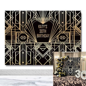 Great Gatsby Birthday Photography Backdrop Wedding Bridal Shower Picture Backdrop Roaring 20S Gold and Black Banner Photo Booth Background