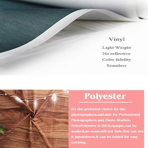 May include: Two fabric samples for photography backdrops. The first sample is a dark green vinyl backdrop with the text "Vinyl, Light Weight, No reflective, Color fidelity, Seamless". The second sample is a brown wood grain polyester backdrop with the text "Polyester, It's the preferred choice for the photographers, suitable for Professional Photographers and Photo Studios. Note: Polyester is thick, opaque, can be washed, no seam, will not fade. You can use it in/outdoors. It can be folded for easy carrying."