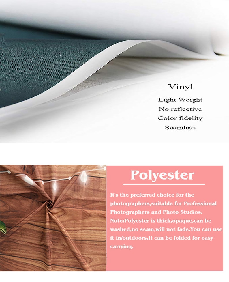 May include: Two fabric samples for photography backdrops. The first sample is a dark green vinyl backdrop with the text "Vinyl, Light Weight, No reflective, Color fidelity, Seamless". The second sample is a brown wood grain polyester backdrop with the text "Polyester, It's the preferred choice for the photographers, suitable for Professional Photographers and Photo Studios. Note: Polyester is thick, opaque, can be washed, no seam, will not fade. You can use it in/outdoors. It can be folded for easy carrying."