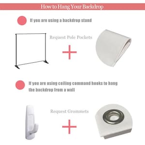 May include: Diagram showing how to hang a backdrop using a backdrop stand or ceiling command hooks. The diagram shows a backdrop stand with pole pockets and a backdrop with grommets.