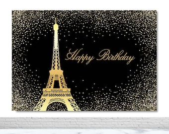 Paris Eiffel Tower Photo Backdrops Valentine&#39;s Day Birthday Party Photography Background Gold Dots Black Vinyl Polyester Decor Banner Props