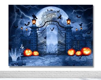 Halloween pumpkins near a tree in a cemetery with a scary house. halloween background at night forest with moon and bats. | Premium Photo