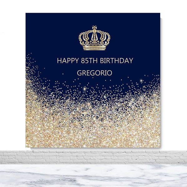 Happy 40th 50th 60th Birthday Photography Backdrop Gold Crown Sparkle Glitter Dots Photo Background Navy Blue Vinyl Polyester Decor Prop