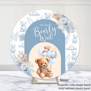 Possiamo aspettare a malapena Sfondo rotondo per bambini Compleanno Baby Shower Foto Sfondo Boho Orsacchiotto Palloncini Copertura rotonda Decorazione Photocall Prop