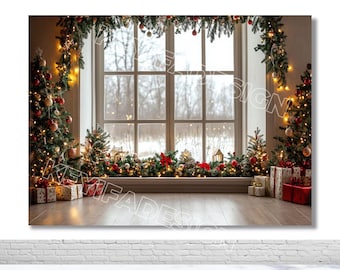 Christmas Eve Window Backdrop Christmas Tree Gift Background Merry Christmas Banner Winter Snow Scene Decorations Photography Prop