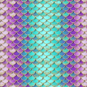 May include: A seamless pattern of iridescent mermaid scales in shades of pink, purple, blue, and turquoise with a gold glitter overlay.