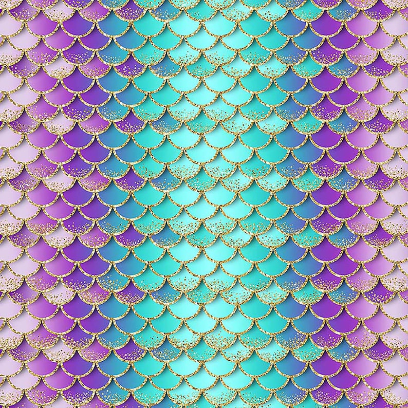 May include: A seamless pattern of iridescent mermaid scales in shades of pink, purple, blue, and turquoise with a gold glitter overlay.