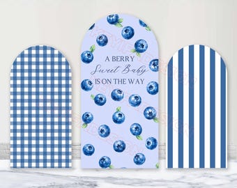 A Berry Sweet Baby Is On The Way Arch Backdrop Custom Polyester Blueberry Baby Shower Arch Cover Blue Gingham Background