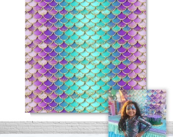 Glitter Mermaid Scales Photography Backdrops Kids Birthday Party Baby Shower Photo Background Purple Aqua Green Shell Decor Banner Backdrop