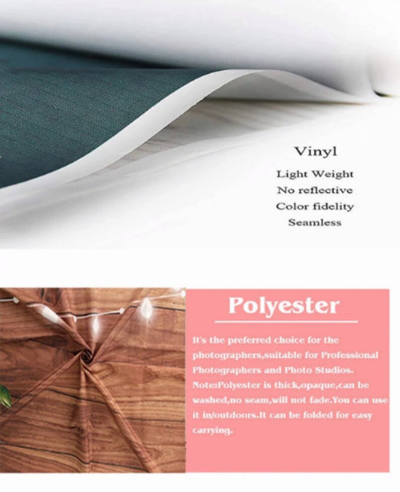 May include: Two fabric backdrop options for photography: vinyl and polyester. Vinyl is lightweight, non-reflective, and seamless. Polyester is thick, opaque, washable, and can be folded for easy carrying.