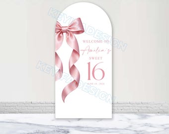 Cubierta de arco de cumpleaños de quinceañera con lazo rosa, poliéster, color personalizado, texto, imagen, fondo de arco, lazo, despedida de soltera, baby shower