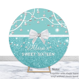 Sweet Sixteen Round Photography Backdrop Diamond Pearl Turquoise Photo Backdrop 16th Girl Birthday Custom Circle Cover Decor Backdrop