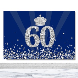 Happy 50th 60th Birthday Party Photography Backdrop Silver Glitter Crown Diamond Blue Photo Background