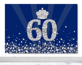 Happy 50th 60th Birthday Party Photography Backdrop Silver Glitter Crown Diamond Blue Photo Background