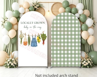 Fondo de poliéster para baby shower con temática de mercado agrícola y diseño de arco "Bebé en camino" cultivado localmente.