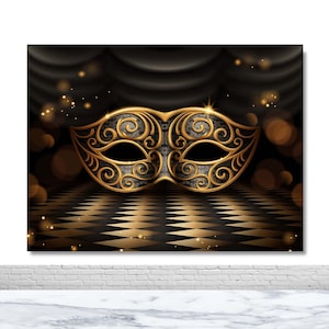 Carnival Masquerade Mardi Gras Photography Backdrop Gold Mask Photo Background Vinyl Polyester Birthday Banner Decorations Photo Booth Props