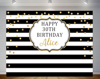 Happy 21st 30th 40th 50th Birthday Photography Backdrop Black and White Striped Gold Dots Vinyl Photo Booth Background