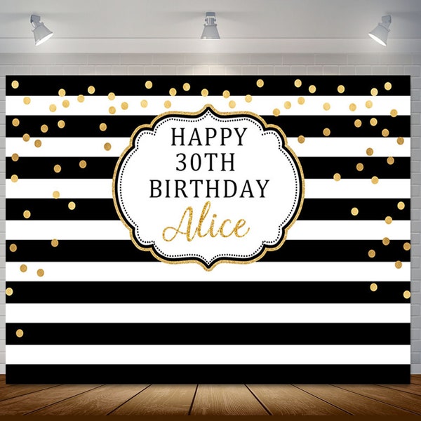 Happy 21st 30th 40th 50th Birthday Photography Backdrop Black and White Striped Gold Dots Vinyl Photo Booth Background
