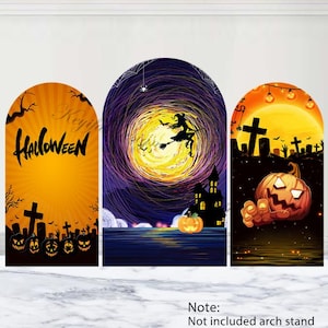 May include: Three Halloween-themed archway backdrops with orange, yellow, and purple backgrounds. The first backdrop features the word "Halloween" in black text. The second backdrop features a witch flying on a broomstick with a full moon in the background. The third backdrop features a jack-o-lantern with a spooky house in the background.