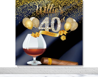 Man 40th 50th Birthday Photography Backdrop Cigar and Cognac Photo Backdrop Dark Blue Vinyl Polyester Decor Banner Photo Booth Background