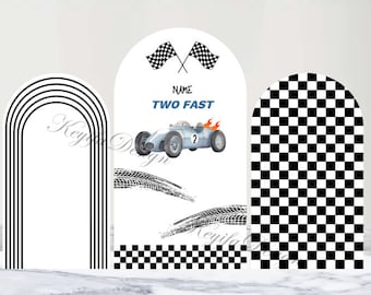 Arco de cumpleaños de dos rápidos con diseño de pista de carreras, fondo a cuadros en blanco y negro, poliéster, personalizado, para segundo cumpleaños, de doble cara.