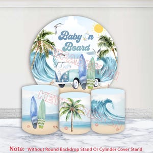 Baby On Board Baby Shower Round Backdrop Surfing Summer Background Polyester Elastic Surfboard Beach Cylinder Cover Party Decoration Prop