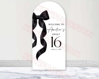 Cubierta de arco de cumpleaños Sweet 16 con lazo negro, poliéster, color personalizado, texto, imagen, fondo de arco de cumpleaños Sweet Sixteen, lazo, despedida de soltera, baby shower.