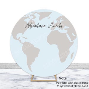 L'aventure vous attend, toile de fond ronde, carte du monde, toile de fond d'aventure, carte personnalisée, couverture de cercle de voyage, décorations de fête d'anniversaire, accessoire de photographie