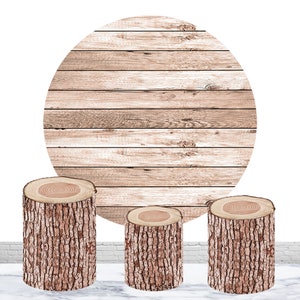 Rustic Wood Round Cylinder Backdrop Birthday Wedding Baby Shower Photo Backdrop Old Wood Circle Plinth Cover Polyester Backdrop Decor Prop