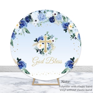 God Bless First Communion Photography Backdrop Baptism Party Baby Shower Photo Background Blue Flowers Golden Cross Round Cover Backdrop