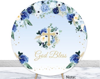 Dio benedica la Prima Comunione, sfondo fotografico per battesimo, festa, baby shower, sfondo fotografico con fiori blu, croce dorata, sfondo rotondo
