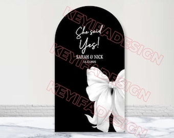 Fondo de arco "Ella dijo sí", personalizado, de poliéster, de doble cara, con lazo de compromiso, cubierta para arco, decoración para fiesta de compromiso y boda