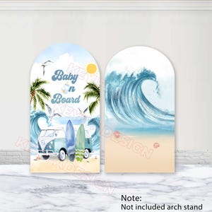 Copertura per arco Baby On Board in poliestere, furgoncino retrò personalizzato, tavola da surf, palme, onde marine, spiaggia, sfondo per baby shower, decorazioni per feste estive di surf.