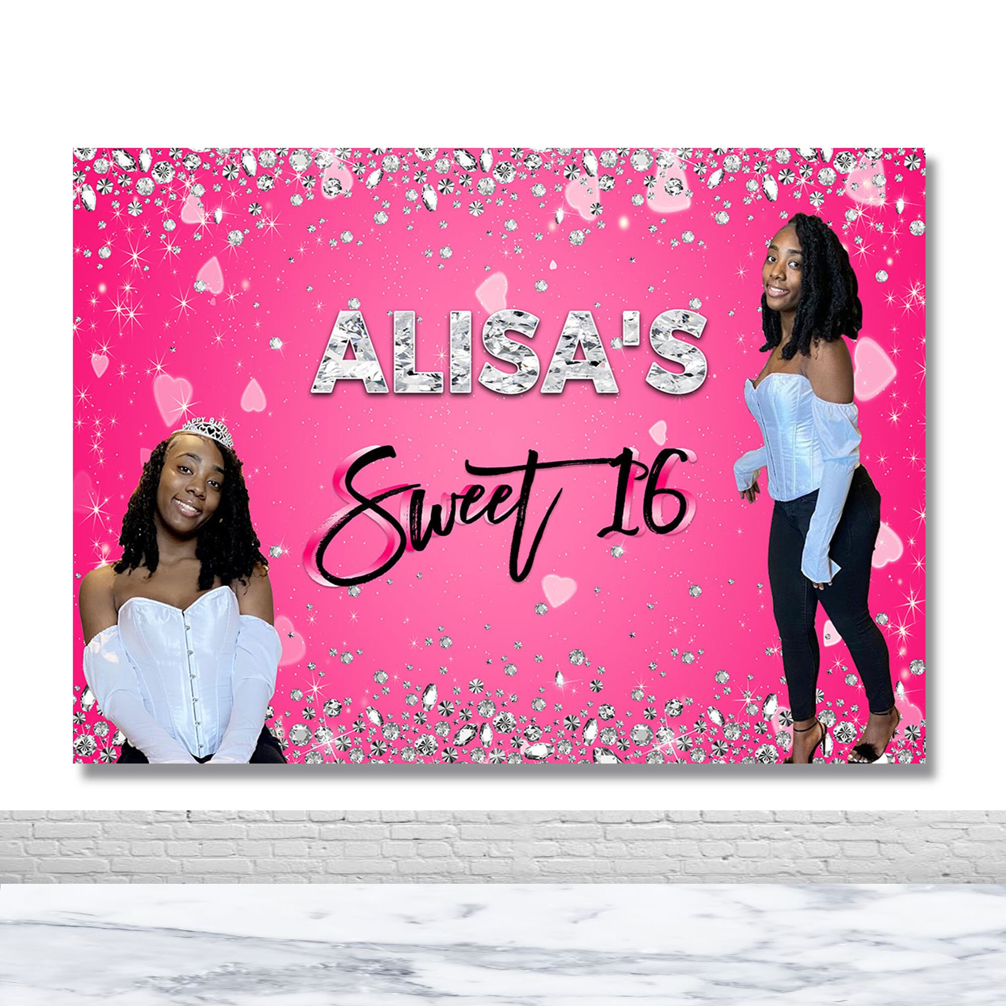 Sweet 16 Girl Birthday Photography Backdrop Diamond Sprinkles Bright Pink Photo Background Custom Princess Birthday Party