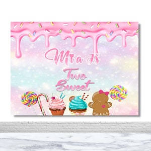 Deux douces toile de fond photo personnalisée enfant 2e anniversaire photographie fond gâteau saupoudre crème glacée sucette décor bannière Photomaton accessoires