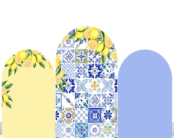 Arco bifacciale color limone, fondale per fotografia di matrimonio, sfondo per arco in poliestere blu e bianco, decorazione con motivo mediterraneo in porcellana