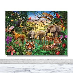 Sfondo fotografico a tema animale safari, sfondo fotografico per feste di compleanno, elefante, tigre, pappagallo, ghepardo, decorazioni per feste nella giungla, banner, oggetti di scena