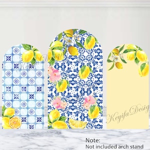 Lemon Blue Tiles Arch Backdrop She found her Main Squeeze Bridal Shower Backdrop Polyester Blue And White Porcelain Double-Sided Arch Cover