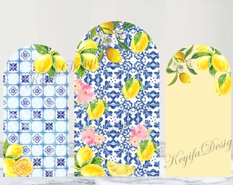 Lemon Blue Tiles Arch Backdrop She found her Main Squeeze Bridal Shower Backdrop Polyester Blue And White Porcelain Double-Sided Arch Cover
