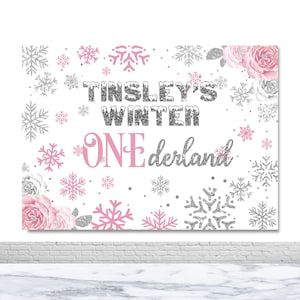 Winter Onederland Custom Photography Backdrop Snowflakes Flowers Photo Background Pink Silver Decor Banner Photo Booth Props Wall Decor