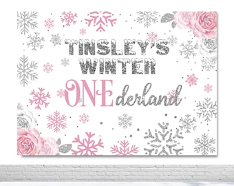 Fondo de fotografía personalizado de invierno de Onederland, copos de nieve, flores, fondo fotográfico, decoración rosa y plateada, pancarta, accesorios para fotomatón, decoración de pared