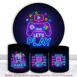 Let&#39;s Play Round Backdrop Gaming Birthday Backdrop Polyester Elastic Let&#39;s Play Video Games Cylinder Cover Boy Birthday Party Decor Prop