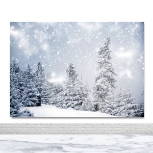 Puede incluir: Una escena de bosque de invierno nevado con altos árboles de hoja perenne cubiertos de nieve blanca. El cielo es de un azul claro con nieve que cae y luces brillantes.